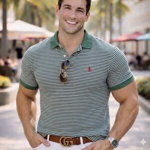 Polo by Ralph Lauren Green and White Striped Polo with Contrast Green Collar